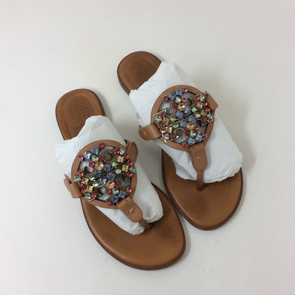 Tory Burch Miller Multicolor Crystal Logo Soft Leather Sandals Size 5.5